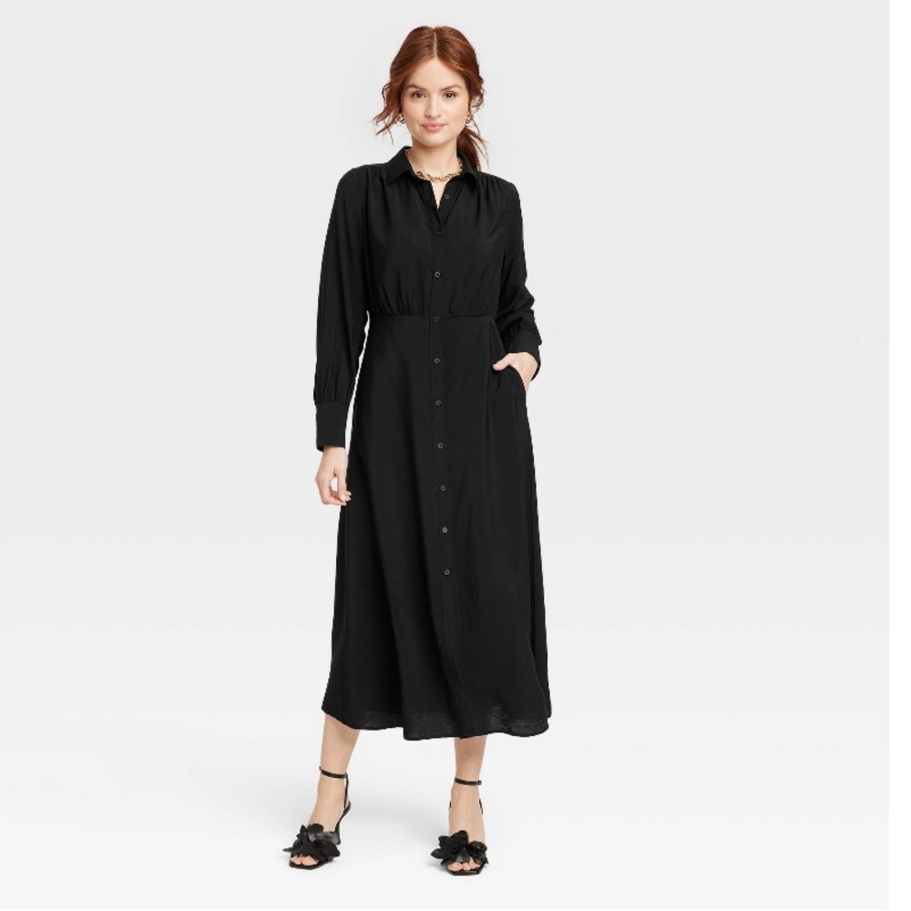 a new day Black Button-Front Midi Shirt Dress